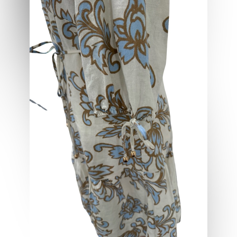 NWT Joie Floral Linen Mini Dress Blue Ivory Tie Sleeve Size 6 Vintage Inspired - Picture 5 of 9
